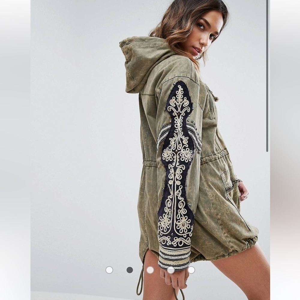 Free People Golden Quills Military Green Long Utility Coat Embroidered medium
